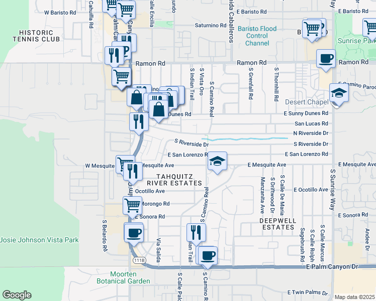 map of restaurants, bars, coffee shops, grocery stores, and more near 711 South Riverside Drive in Palm Springs