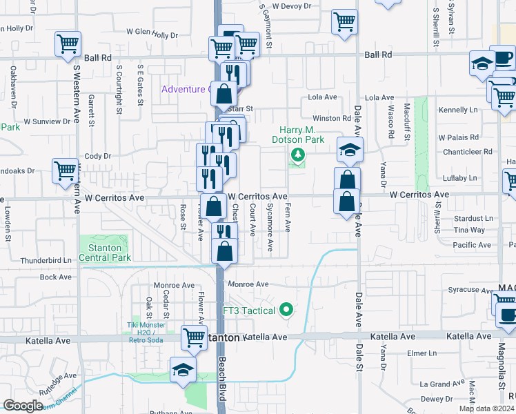 map of restaurants, bars, coffee shops, grocery stores, and more near 10532 Court Avenue in Stanton