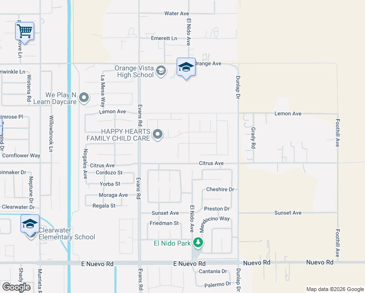 map of restaurants, bars, coffee shops, grocery stores, and more near 2063 Fernetta Pl in Perris