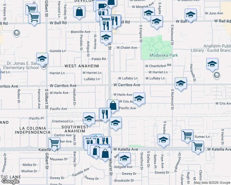 map of restaurants, bars, coffee shops, grocery stores, and more near 2161 West Harle Avenue in Anaheim