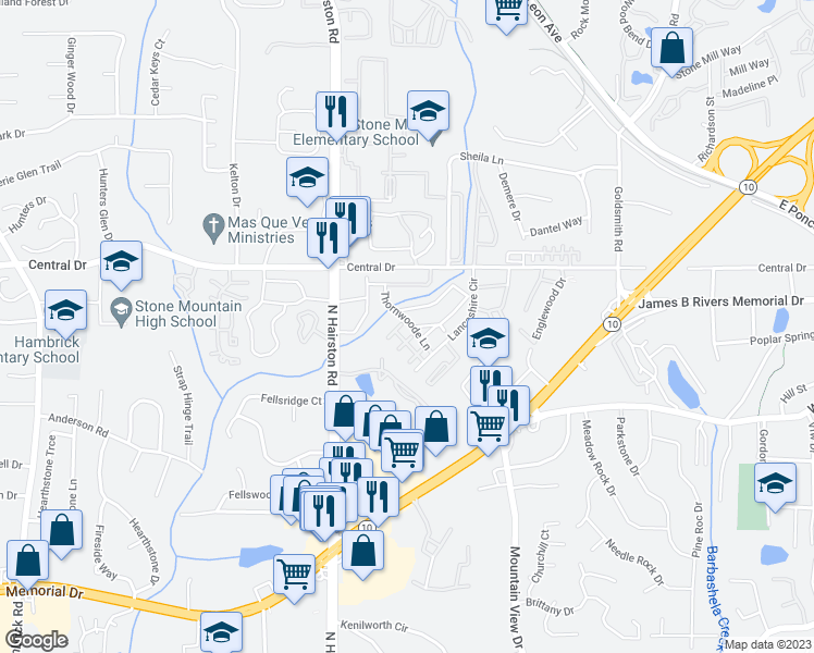 map of restaurants, bars, coffee shops, grocery stores, and more near 1069 Thorn Woode Lane in Stone Mountain