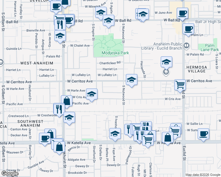 map of restaurants, bars, coffee shops, grocery stores, and more near 1936 West Harle Avenue in Anaheim