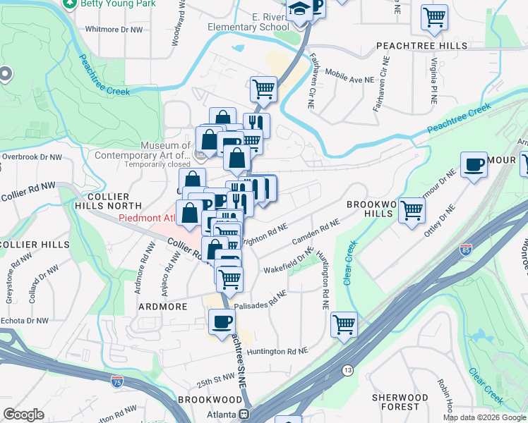 map of restaurants, bars, coffee shops, grocery stores, and more near 2025 Peachtree Road in Atlanta