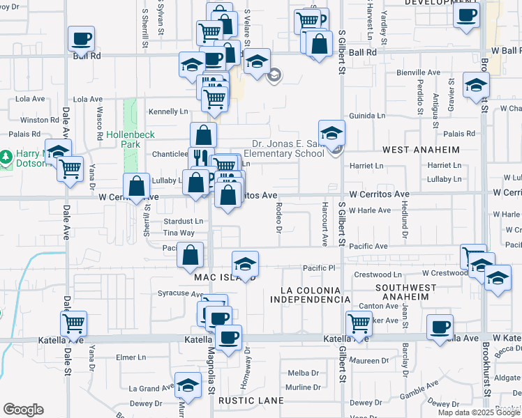 map of restaurants, bars, coffee shops, grocery stores, and more near 27 West Cerritos Avenue in Anaheim