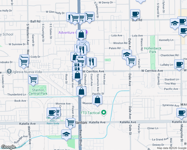 map of restaurants, bars, coffee shops, grocery stores, and more near 10532 Court Avenue in Stanton