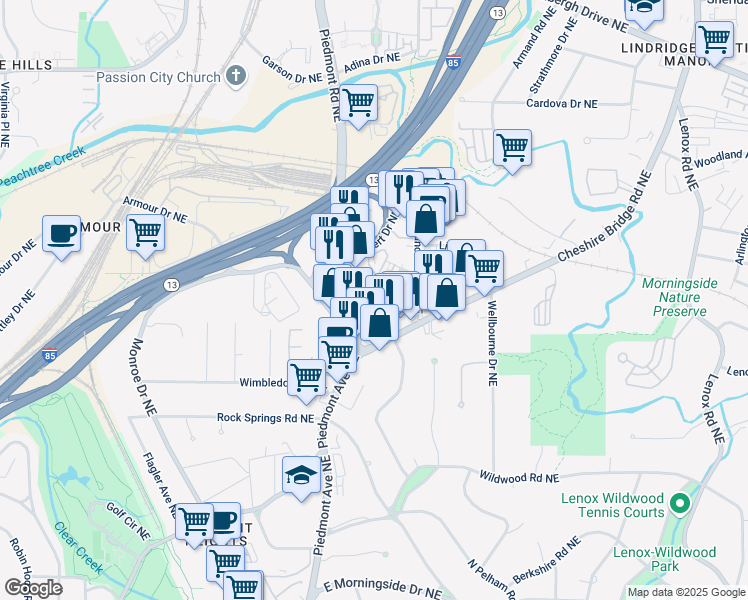 map of restaurants, bars, coffee shops, grocery stores, and more near 2021 Rockledge Road Northeast in Atlanta