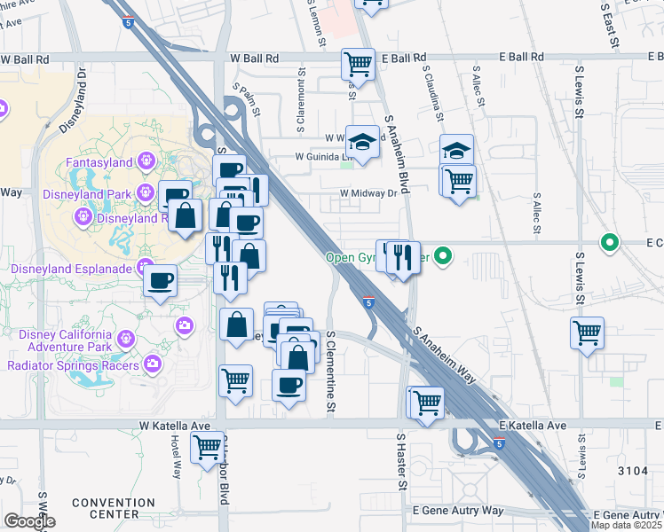 map of restaurants, bars, coffee shops, grocery stores, and more near 2001 South Manchester Avenue in Anaheim