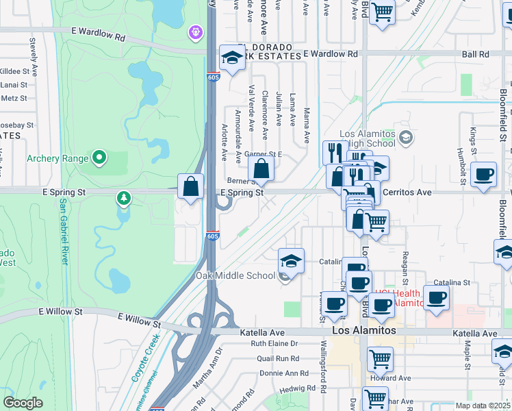 map of restaurants, bars, coffee shops, grocery stores, and more near 7890 East Spring Street in Long Beach