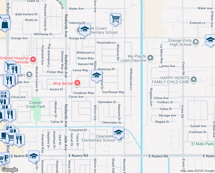 map of restaurants, bars, coffee shops, grocery stores, and more near 2070 Dayflower Court in Perris
