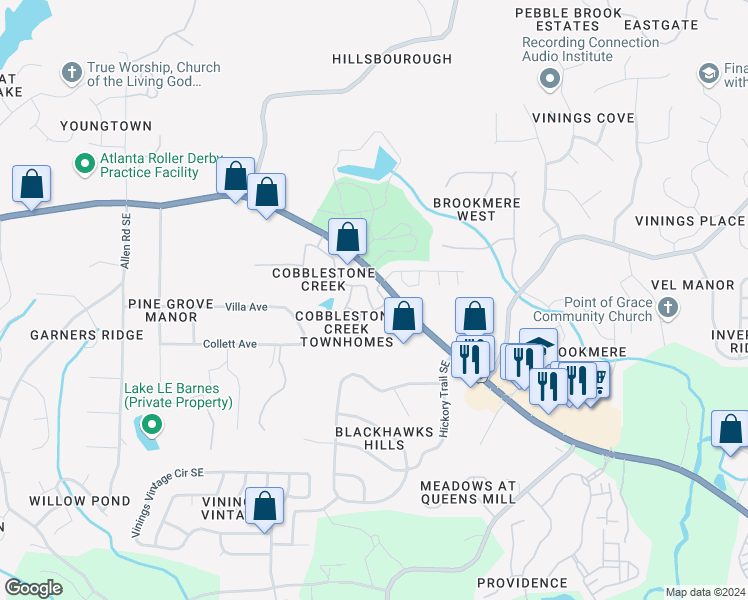 map of restaurants, bars, coffee shops, grocery stores, and more near 5995 Cobblestone Creek Trail in Mableton
