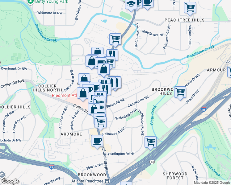 map of restaurants, bars, coffee shops, grocery stores, and more near 2026 Brookwood Valley Circle Northeast in Atlanta