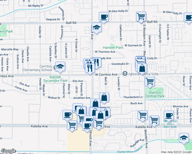map of restaurants, bars, coffee shops, grocery stores, and more near 7053 West Cerritos Avenue in Stanton