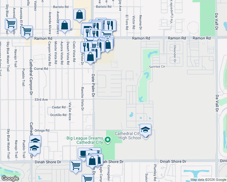 map of restaurants, bars, coffee shops, grocery stores, and more near 1218 Vía Yolo in Cathedral City