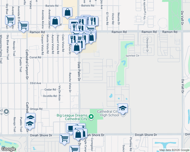 map of restaurants, bars, coffee shops, grocery stores, and more near 1220 Vía Yolo in Cathedral City