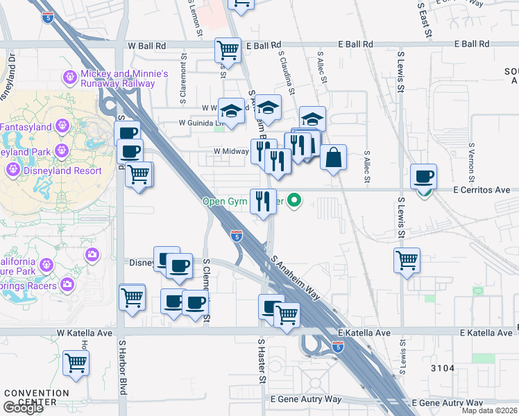 map of restaurants, bars, coffee shops, grocery stores, and more near 1506 South Urbana Street in Anaheim