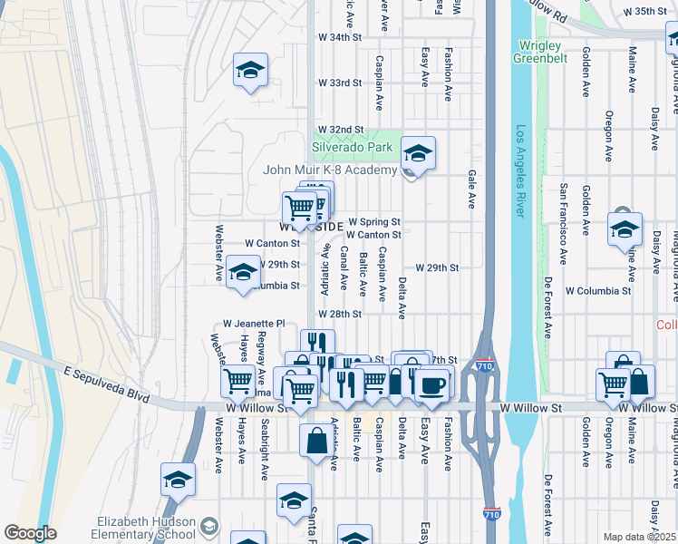 map of restaurants, bars, coffee shops, grocery stores, and more near 2895 Canal Avenue in Long Beach