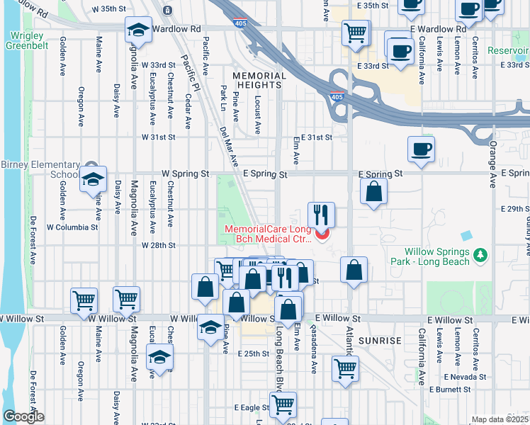 map of restaurants, bars, coffee shops, grocery stores, and more near 2901 Long Beach Boulevard in Long Beach
