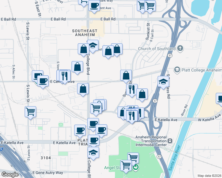 map of restaurants, bars, coffee shops, grocery stores, and more near 1540 South Page Court in Anaheim