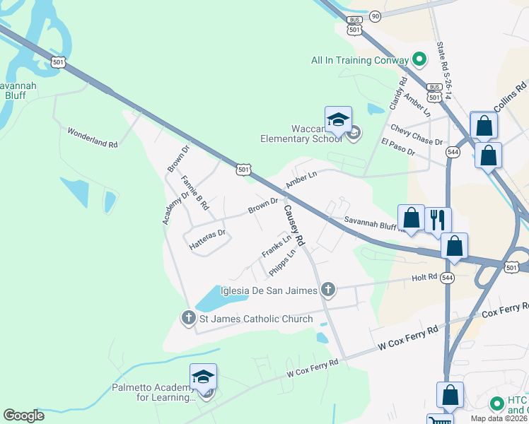 map of restaurants, bars, coffee shops, grocery stores, and more near 1125 Brown Drive in Conway