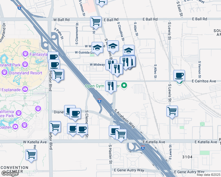 map of restaurants, bars, coffee shops, grocery stores, and more near 1510 South Urbana Street in Anaheim