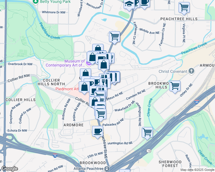 map of restaurants, bars, coffee shops, grocery stores, and more near 2001 Peachtree Road in Atlanta
