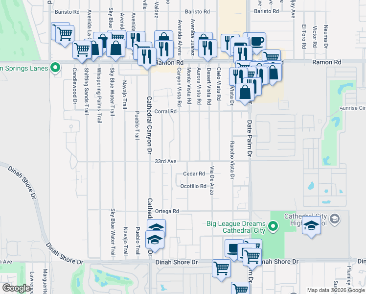 map of restaurants, bars, coffee shops, grocery stores, and more near 32856 Canyon Vista Road in Cathedral City