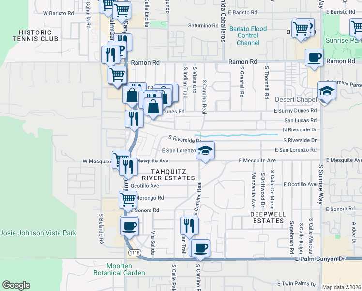 map of restaurants, bars, coffee shops, grocery stores, and more near 711 South Riverside Drive in Palm Springs