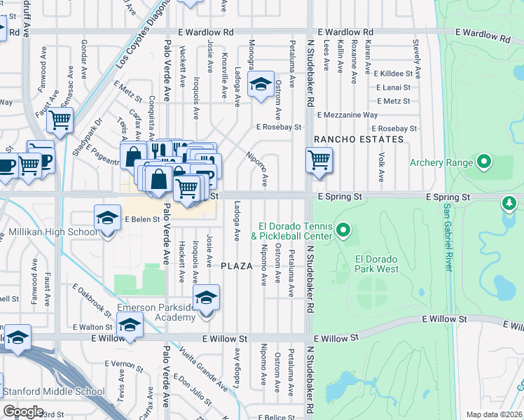 map of restaurants, bars, coffee shops, grocery stores, and more near 2950 Monogram Avenue in Long Beach