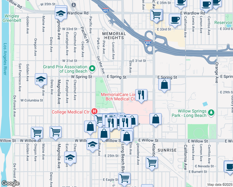 map of restaurants, bars, coffee shops, grocery stores, and more near 2901 Long Beach Boulevard in Long Beach