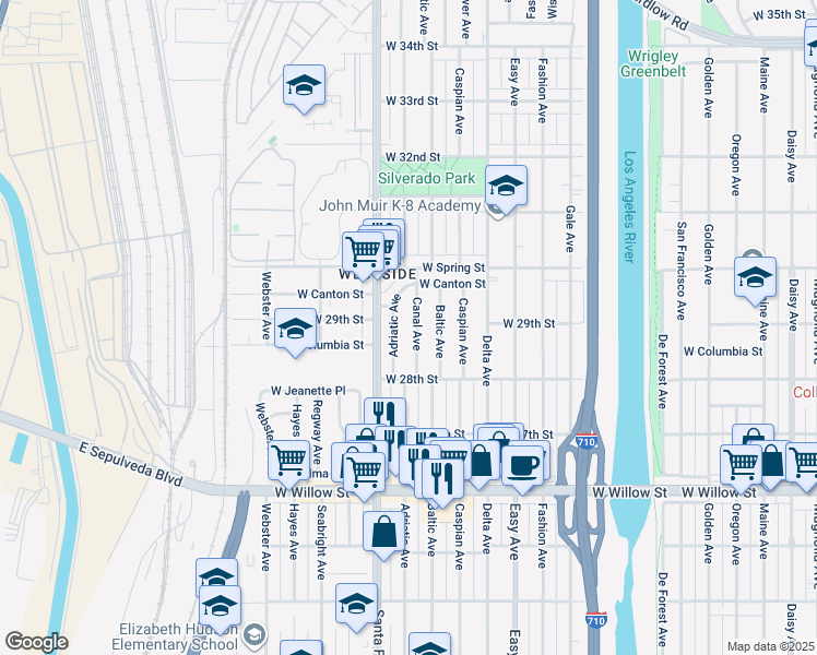 map of restaurants, bars, coffee shops, grocery stores, and more near 2912 Canal Avenue in Long Beach