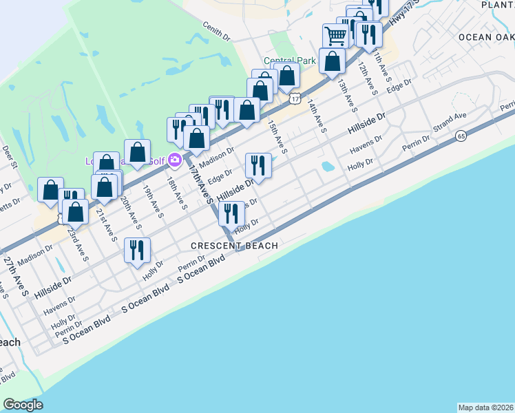 map of restaurants, bars, coffee shops, grocery stores, and more near 408b 16th Avenue South in North Myrtle Beach