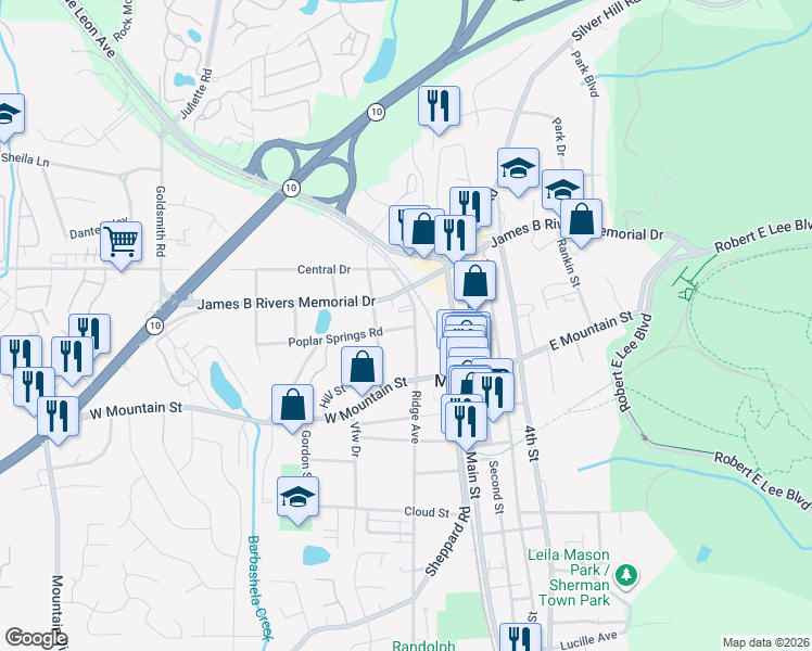 map of restaurants, bars, coffee shops, grocery stores, and more near 5290 Poplar Springs Road in Stone Mountain