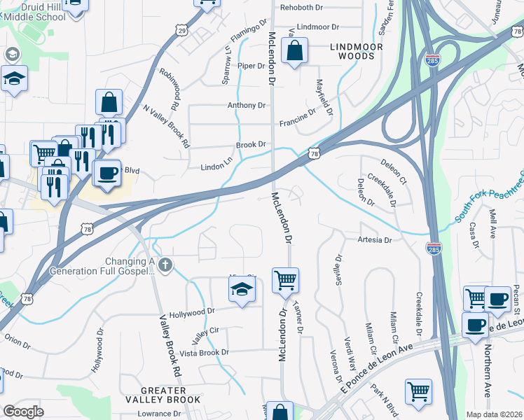 map of restaurants, bars, coffee shops, grocery stores, and more near 3119 Brick Lane in Decatur