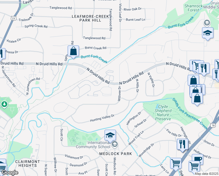 map of restaurants, bars, coffee shops, grocery stores, and more near 400 North Crossing Way in Decatur