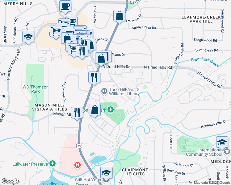 map of restaurants, bars, coffee shops, grocery stores, and more near 1098 Central Park Road in Decatur