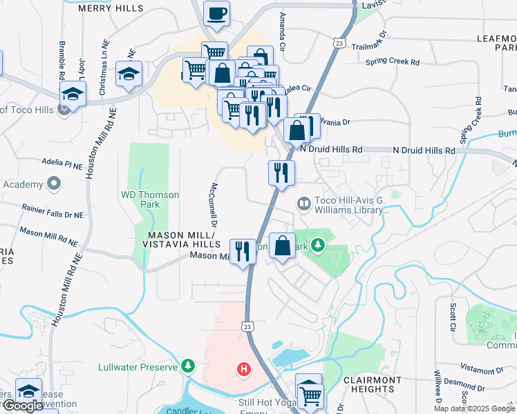 map of restaurants, bars, coffee shops, grocery stores, and more near 1213 McConnell Drive in Decatur