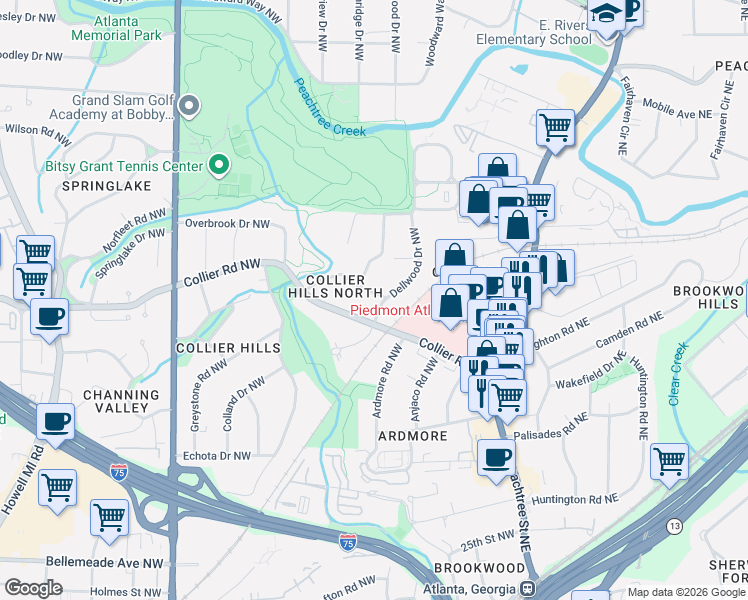 map of restaurants, bars, coffee shops, grocery stores, and more near 337 Redland Road Northwest in Atlanta