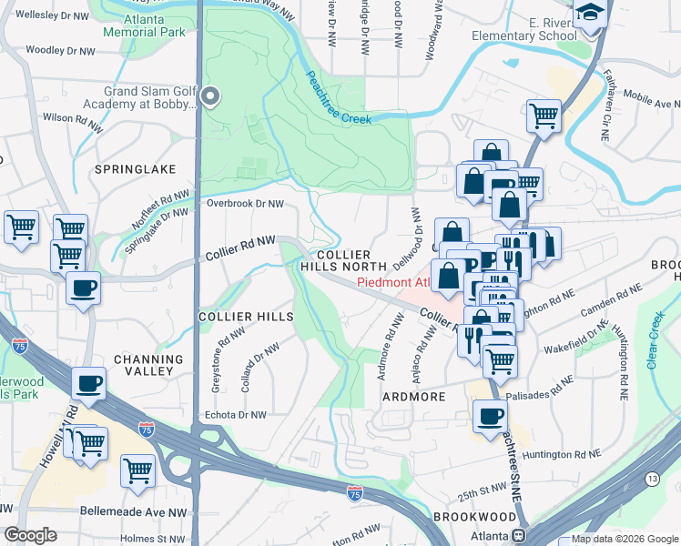 map of restaurants, bars, coffee shops, grocery stores, and more near 431 Collier Road Northwest in Atlanta