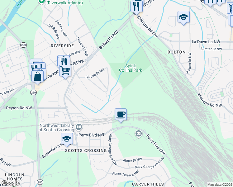 map of restaurants, bars, coffee shops, grocery stores, and more near 1925 Brantley Walk Lane in Atlanta