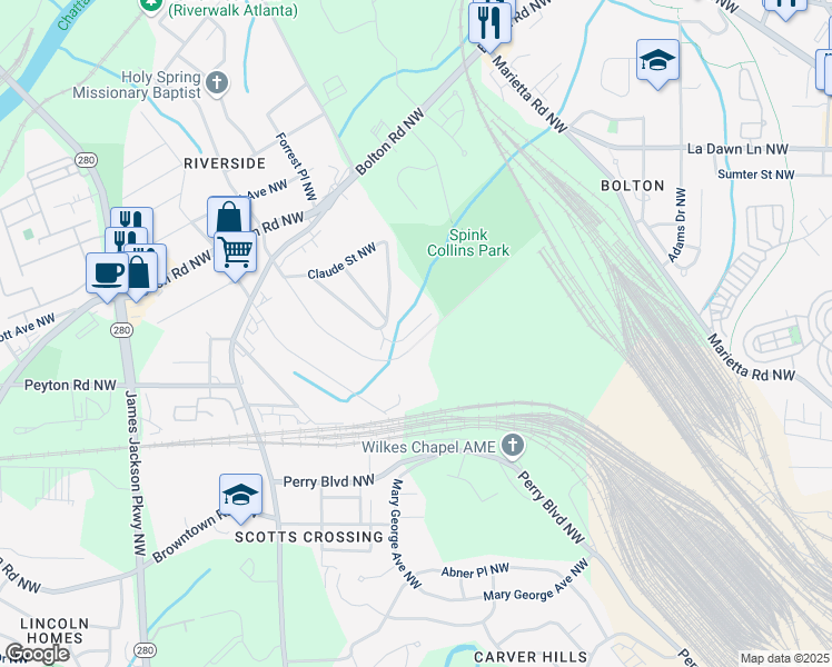 map of restaurants, bars, coffee shops, grocery stores, and more near 1929 Brantley Walk Lane in Atlanta