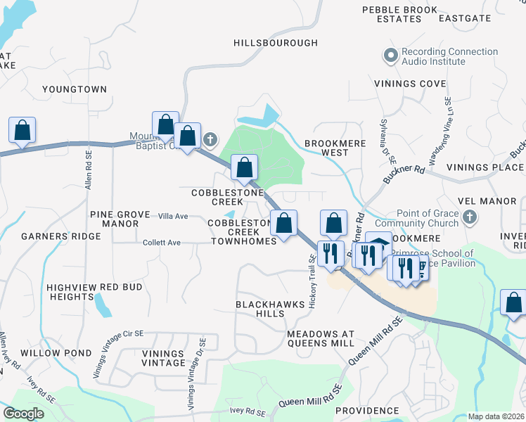 map of restaurants, bars, coffee shops, grocery stores, and more near 5995 Cobblestone Creek Trail in Mableton