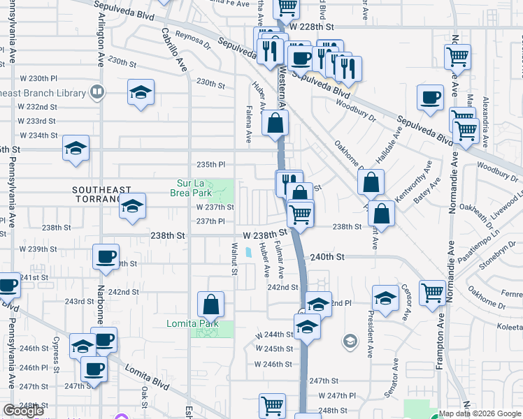 map of restaurants, bars, coffee shops, grocery stores, and more near 23701 South Western Avenue in Torrance