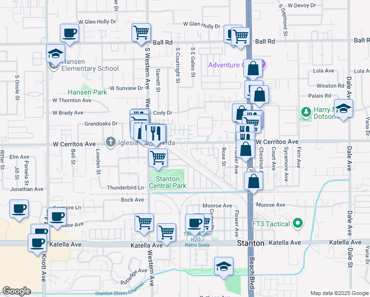 map of restaurants, bars, coffee shops, grocery stores, and more near 7654 West Cerritos Avenue in Stanton