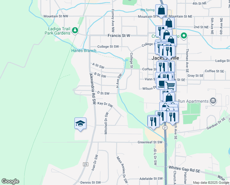 map of restaurants, bars, coffee shops, grocery stores, and more near 110 D Street Southwest in Jacksonville