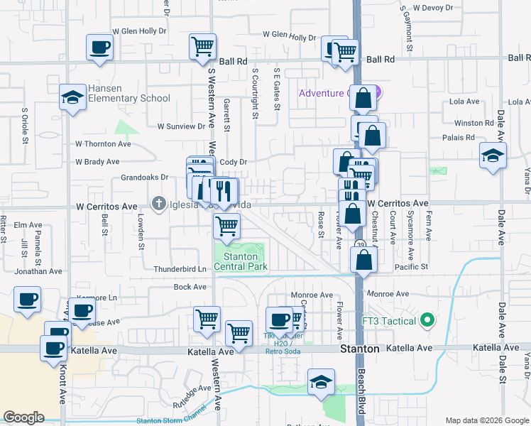 map of restaurants, bars, coffee shops, grocery stores, and more near 7658 Cerritos Avenue in Stanton