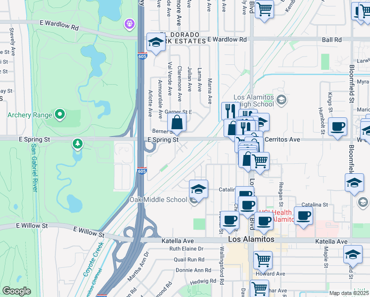 map of restaurants, bars, coffee shops, grocery stores, and more near 2912 Claremore Lane in Long Beach