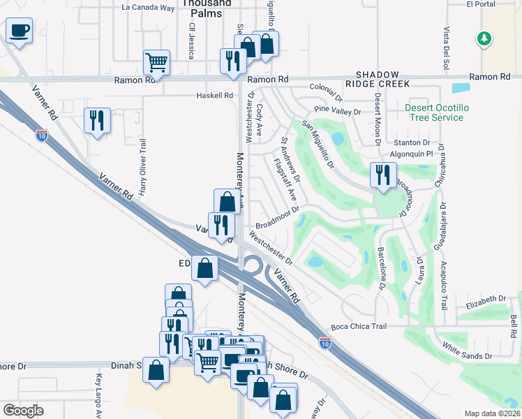 map of restaurants, bars, coffee shops, grocery stores, and more near 32813 Bloomfield Avenue in Thousand Palms