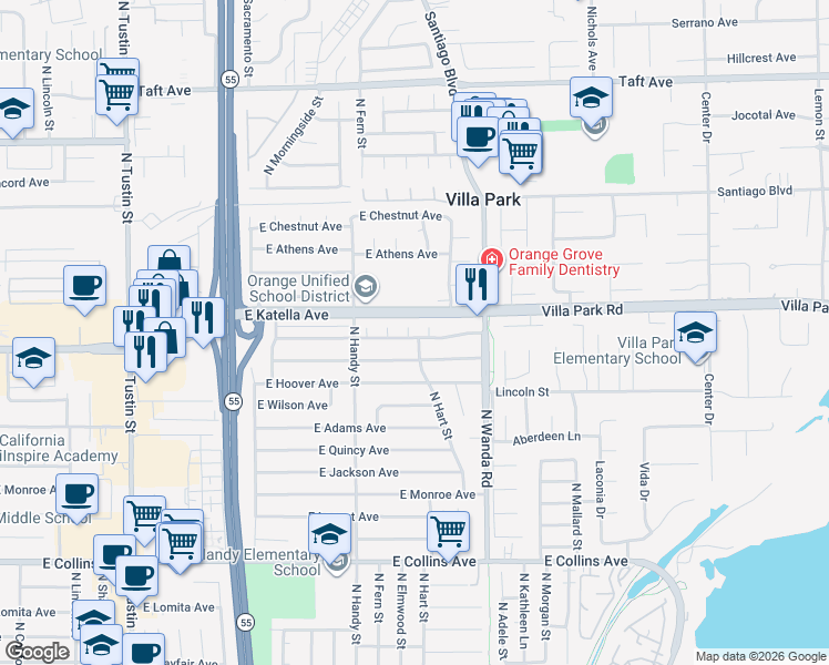 map of restaurants, bars, coffee shops, grocery stores, and more near 1327 North Reubens Circle in Orange