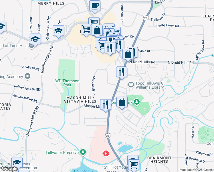 map of restaurants, bars, coffee shops, grocery stores, and more near 1213 McConnell Drive in Decatur