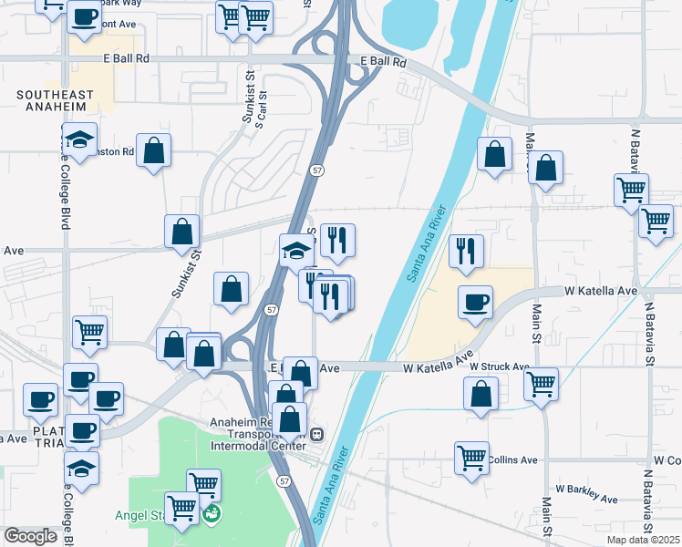 map of restaurants, bars, coffee shops, grocery stores, and more near 1600 South Douglass Road in Anaheim